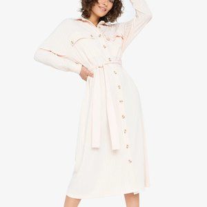 Callahan Lir Shirt Midi Dress M Long Sleeve Button Front Tie Waist Creme